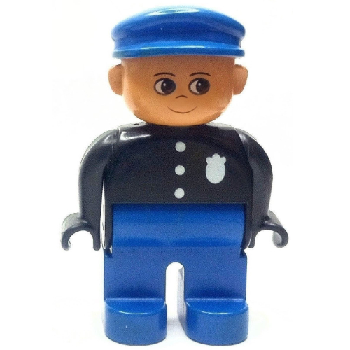 Duplo Figure, Early, with Flat Cap Blue, Blue Legs, Three Buttons and Police Badge, Nose Pointing Up Print