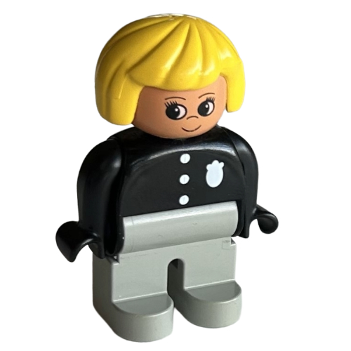 Duplo Figure, Early, Hair Bob Yellow, Light Gray Legs, 3 Buttons and Badge Print