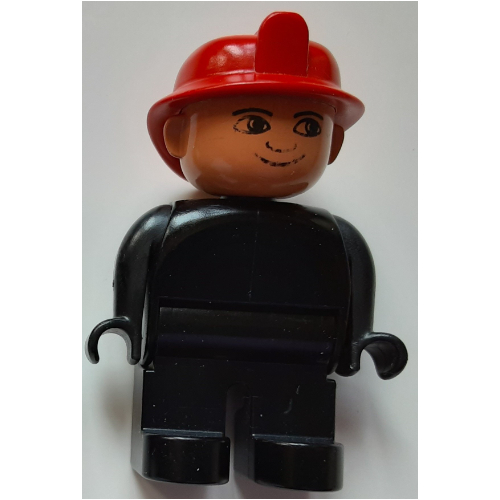 Duplo Figure, Early, Fire Helmet Red, Black Legs, No White in Eyes Print