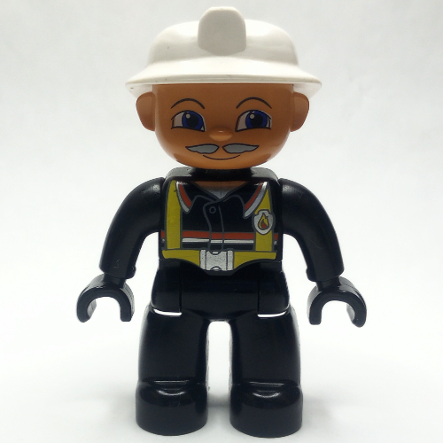 Duplo Figure with Fireman Helmet White, and Gray Mustache, Black Hands