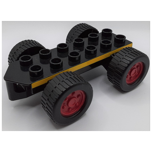 Duplo Car Base 2 x 6 with Four Black Wheels and Dark Red Hubs with Yellow Stripes Print