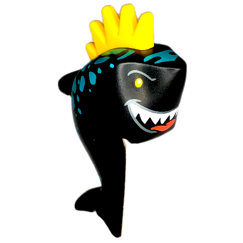 Minifig Head Special, Shark with Dark Turquoise Stripes, Open Mouth with Teeth, Tongue, Yellow Spiked Fin Print
