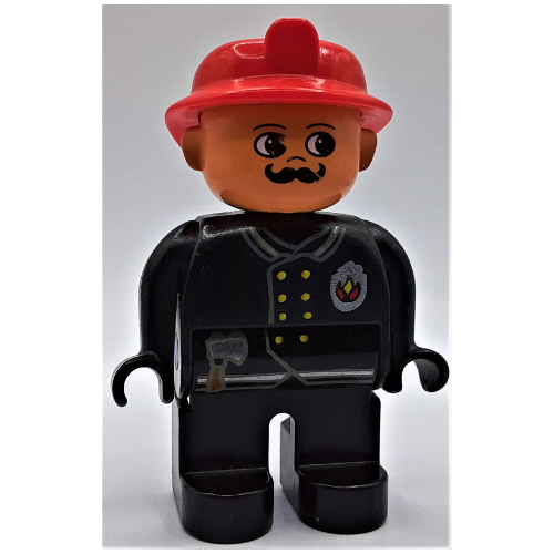 Duplo Figure, Early, Fire Helmet Red, Black Legs, Gold Buttons, Axe, Fire Badge, Moustache Print