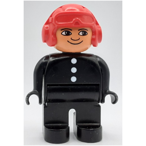 Duplo Figure, Early, Aviator Hat Red, Black Legs, 3 Buttons Print