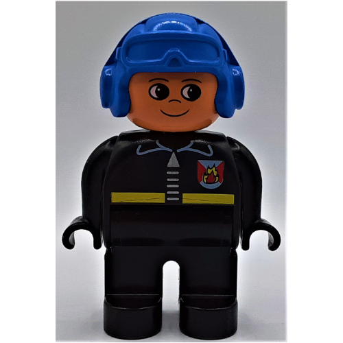 Duplo Figure, Early, Aviator Hat Blue, Black Legs, Fire Jacket with Zipper Print
