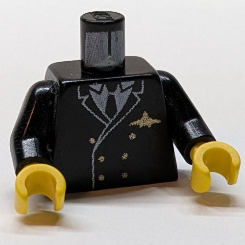 Torso, Suit Jacket, Double Breasted, Tie, Gold Buttons and Airplane Pilot Logo Pin Print, Black Arms, Yellow Hands
