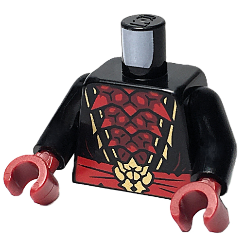 Image of part Torso, Ninja Robes, Dark Red Spikes Chest, Red Sash, Gold Buckle, Trim print, Black Arms, Dark Red Hands