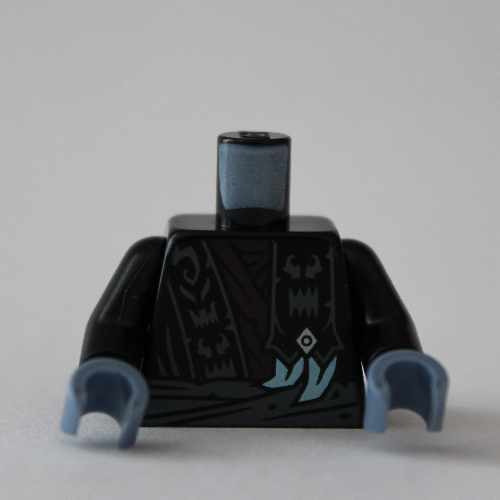 Image of part Torso, Ninja Robes, Dark Bluish Grey Signs, Sash, Dark brown Shirt print, Black Arms, Sand Blue Hands