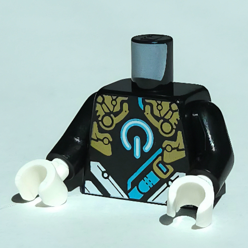 Torso, Medium Azure On/Off Button, White/Gold Armor, Medium Azure Strap Print, Black Arms, White Hands
