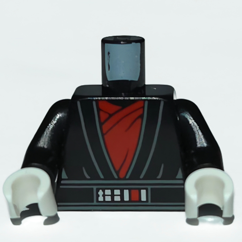 Torso, Sith Robe, Dark Bluish Grey Lines, Dark Red Under Robe, Belt with Buttons Print, Black Arms, White Hands