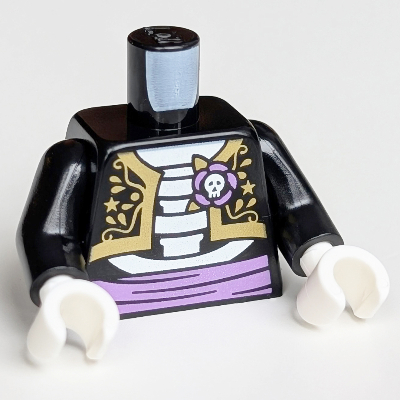 Torso Jacket, Catrin/Mariachi, White Skeleton, Skull, Medium Lavender Cummerbund and Flower, Gold Decorations Print, Black Arms, White Hands