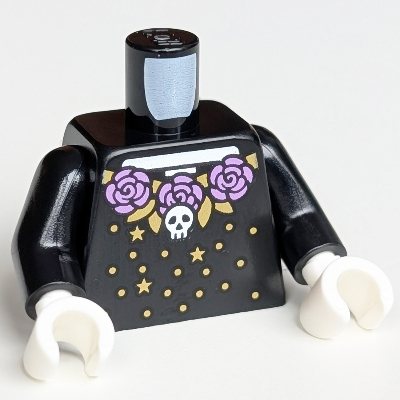 Torso Dress, Catrina, White Skeleton, Skull, Medium Lavender Flowers, Gold Stars and Dots Print, Black Arms, White Hands