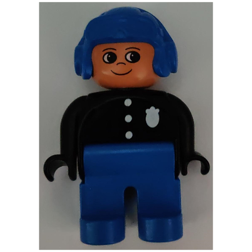 LEGO part Duplo Figure, Early, Aviator Hat Blue, Blue Legs, Black Top with 3 Buttons and Badge, Nose Pointed Up Print