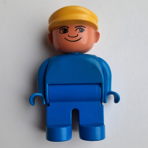 Duplo Figure, Early, with Flat Cap Yellow, Blue Legs, Plain Top