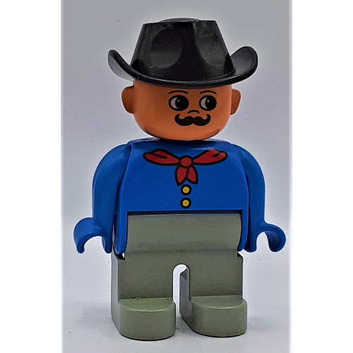 Duplo Figure, Early, Cowboy Hat Black, Light Gray Legs, Red Neckerchief, Moustache Print