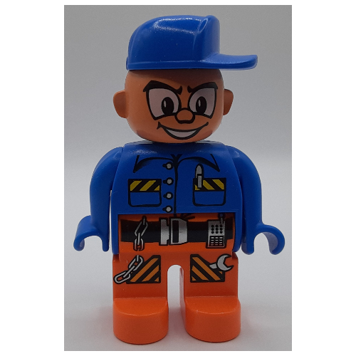 Duplo Figure, Early, Cap Blue, Orange Legs with Belt, Pen, Chain, Radio, and Wrench Print (Action Wheeler)