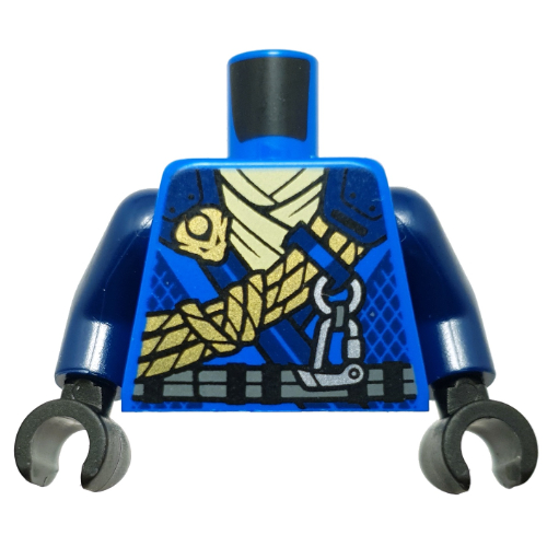 Torso, Ninja Robes, Dark Blue Trim, Silver Belt, Olive Green Rope, Yellowish Green Sash print, Dark Blue Arms, Black Hands