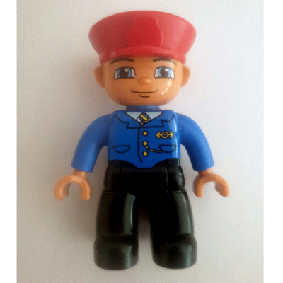 LEGO part Duplo Figure with Police Style Hat Red, with Black Legs, Blue Jacket with Blue/Yellow Tie, Nougat Hands, Smile with Closed Mouth (Train Conductor)