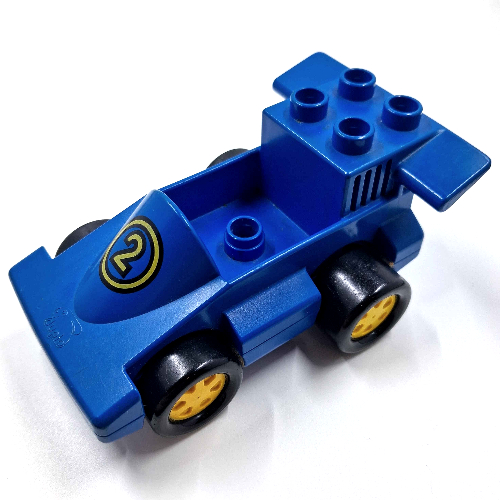 Duplo Car Formula One with One Stud in Cab, Blue Bottom and Yellow Number 2 Print Blue