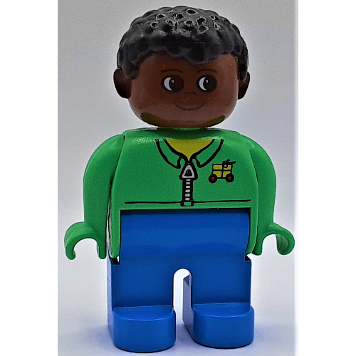 Duplo Figure, Early, Short Afro Hair Black, Blue Legs, Shirt with Zipper and Cargo Logo Print