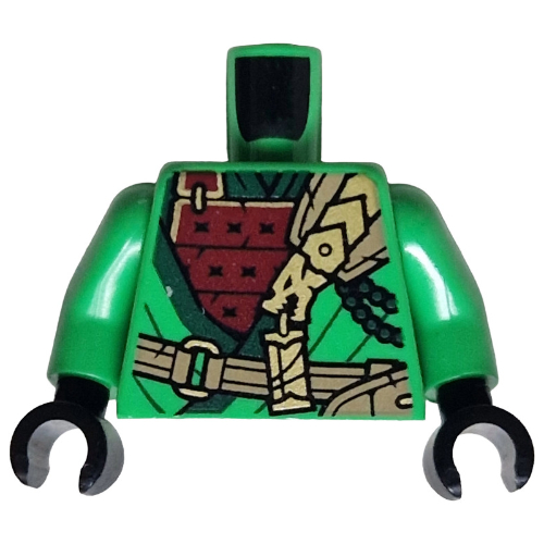 Image of part Torso, Ninja Robes, Dark Green Trim, Dark Red Plated Armor, Dark Tan Strap, Gold Dragon print, Bright Green Arms, Black Hands