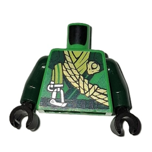 Torso, Ninja Robes, Dark Green Trim, Belt, Orange Rope, Silver Clips, Lime Sash print, Dark Green Arms, Black Hands