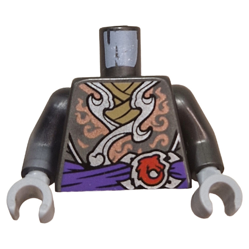 Torso, Odd Arms, Robe, Coral/Light Bluish Grey Trim, Dark Tan Shirt, Dark Purple Dash, Red Buckle print, Left Pearl Titanium Arm, Right Trans-Black Arm, Light Bluish Grey Hands
