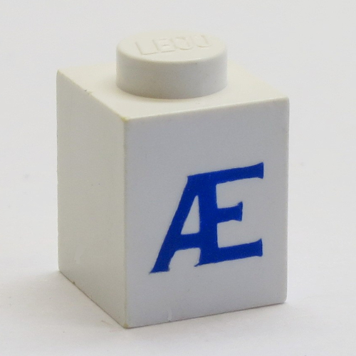 LEGO part Brick 1 x 1 with Blue Danish 'AE' Print (Serif Font)