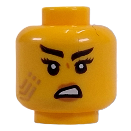 Image of part Minifig Head Jordana, Gold Circuitry, Black Raised Eyebrow, Confused Smirk / Angry Mean Smirk print