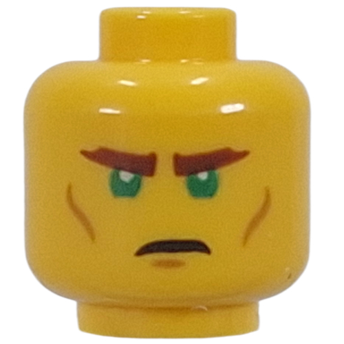 LEGO part Minifig Head Mysterious Ronin, Dark Orange Eyebrows, Cheek Lines, Green Eyes, Stern / Confused