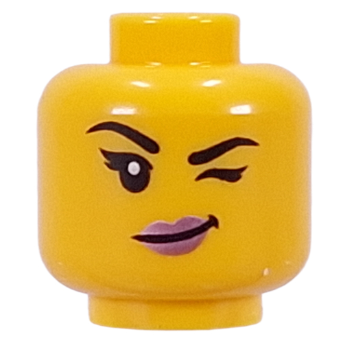 Minifig Head Black Eyebrows, Eyelashes, Metal Pink Lips, Wink / Lopsided Smile