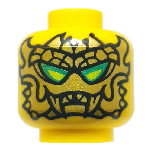 Minifig Head Loyalist Leader, Gold Mask, Lime/Dark Green Eyes / Black Glasses with Lime Lenses, Coral Lips, Gold Markings, Smirk