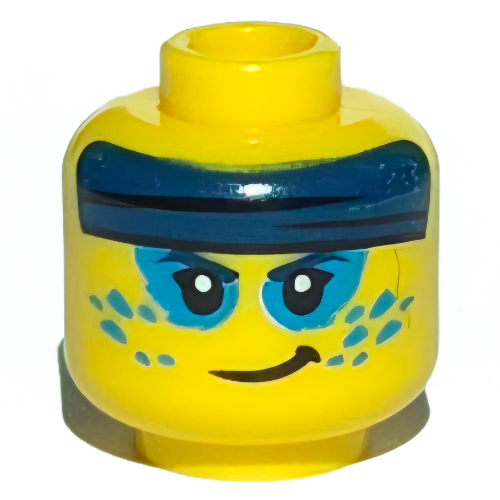 Minifigure, Head Dual Sided Dark Blue Headband, Dark Azure Splotches Around Eyes and Cheeks, Lopsided Grin / Fierce Pattern