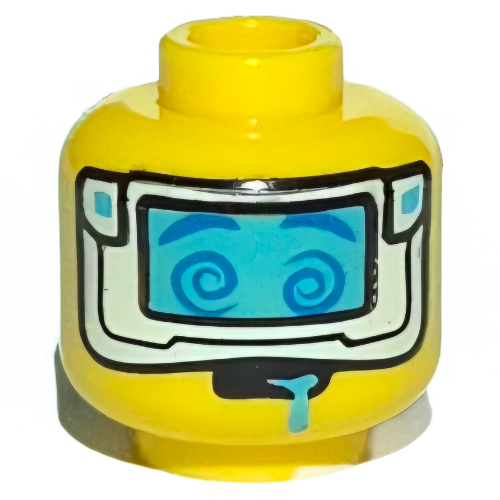 Minifigure, Head Blue Eyebrows and Spiral Eyes, White Mask with Medium Azure Visor, Open Mouth with Drool Pattern