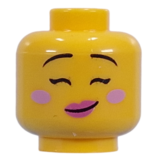 Minifig Head Thin Black Eyebrows, Bright Pink Cheeks, Dark Pinks Lips, Open Mouth Crookes Smile/Close Eyes, Crooked Smile