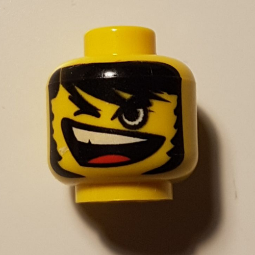 Minifig Head, Open Mouth and Teeth, Long Black Hair, One Closed Eye Print [Blocked Open Stud]