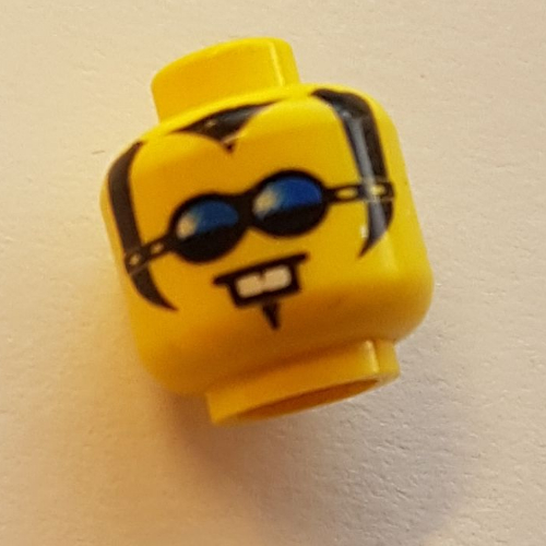 Minifig Head, Blue Glasses, 2 White Teeth and Sideburns Print [Blocked Open Stud]