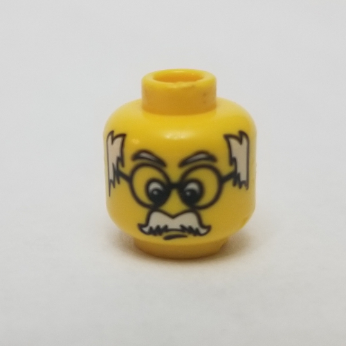 Minifig Head Infomaniac, Moustache White Hair on Sides, and Large Glasses Print