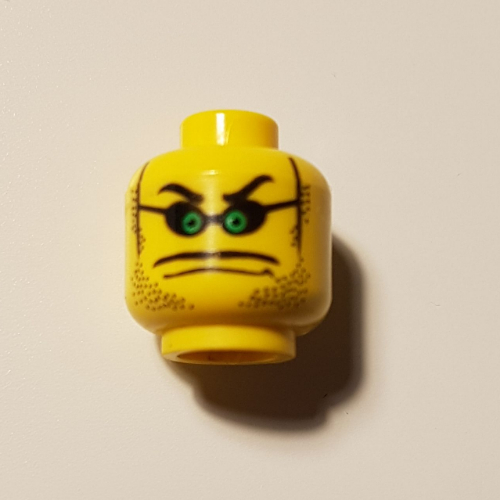 Minifig Head Henchman, Glasses Small with Green Eyes, Stubble, Thin Wide Moustache over Mouth Line Print [Blocked Open Stud]