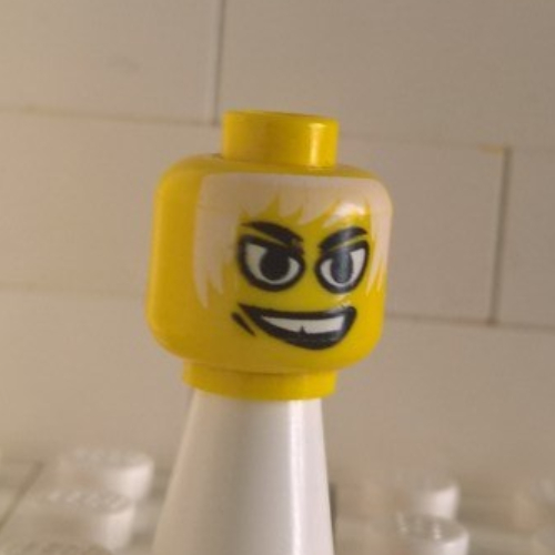 Minifig Head, White Eyes, White Hair, White Teeth and Gap Tooth Grin Print [Blocked Open Stud]