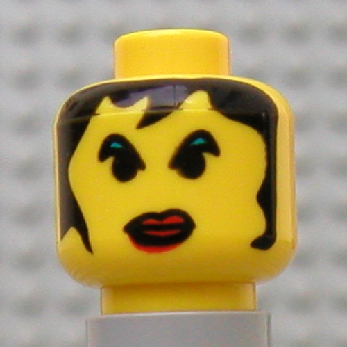 Minifig Head Alexis Sanister, Red Lips Large, Green Eyebrows, and Long Hair Print