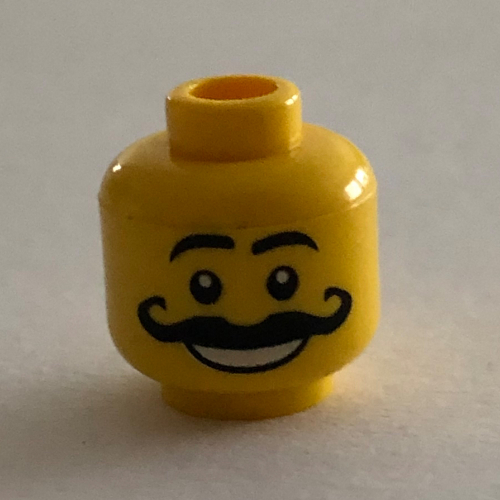 Minifig Head, Moustache Curly Long Thick, White Grin, Raised Eyebrows Print [Blocked Open Stud]