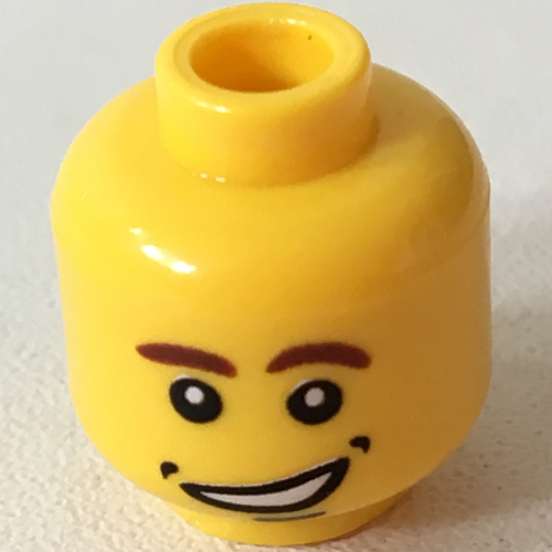 Minifig Head Rascus / Hockey Player, Brown Eyebrows [Left Curved Down], Open Side Smile with Dimples Print [Blocked Open Stud]