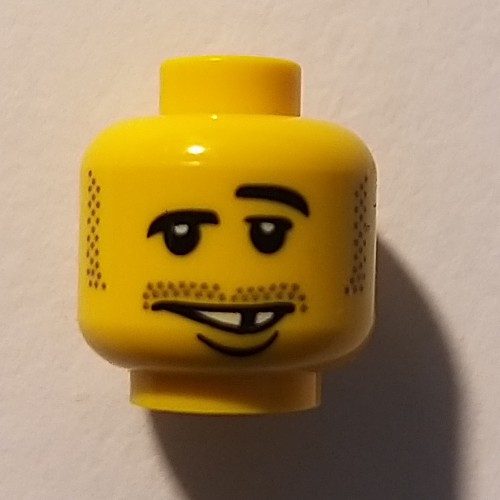 Minifig Head, Moustache Raised Eyebrow, White Teeth with Missing Tooth and Lower Lip Print [Blocked Open Stud]