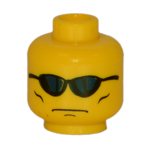 Minifig Head, Blue Sunglasses, Grim Face with Cheek Lines Print