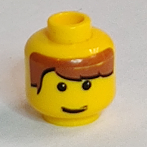 Minifig Head, Brown Bangs Parted on Right, White Pupils and Smile Print