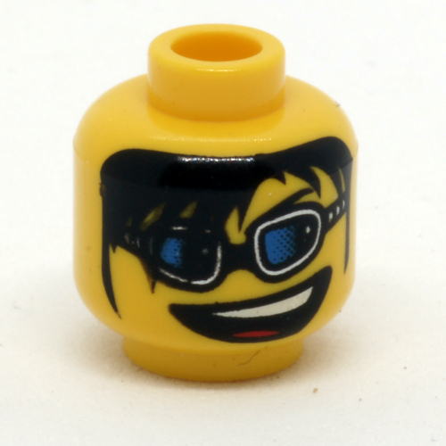 Minifig Head, Blue Glasses, Long Black Bangs and Open Mouth Print [Blocked Open Stud]