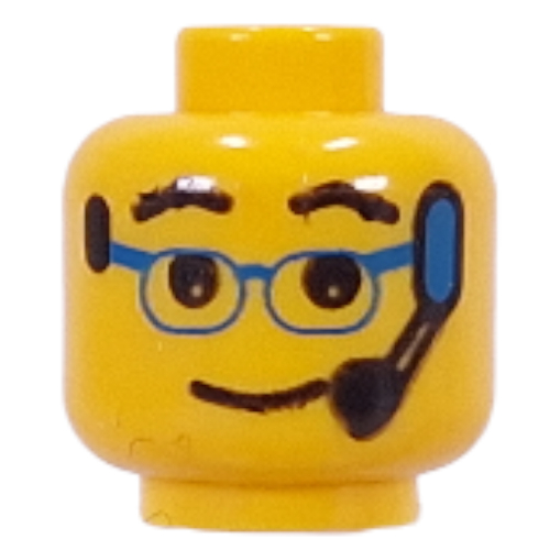 Minifig Head, Blue Glasses and Headset Print [Blocked Open Stud]