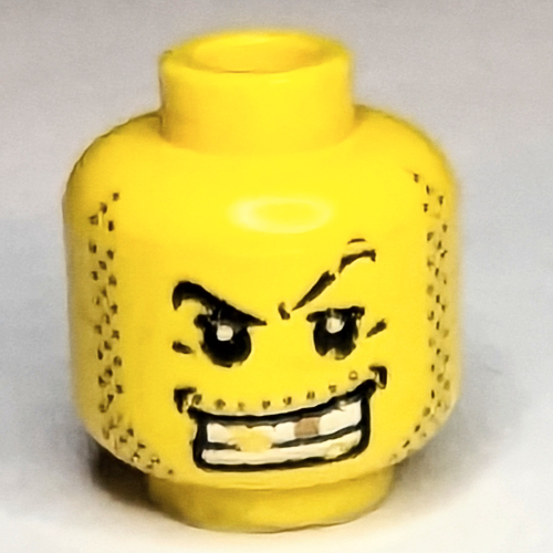 Minifig Head Criminal, Arched Eyebrow, White Teeth with Gold Tooth, Fine Stubble and Line under Mouth Print