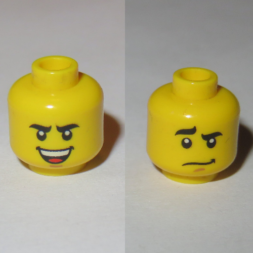 Minifig Head Soldier, Curved Eyebrows, Brown Chin Dimple, Laughing / Worried Print